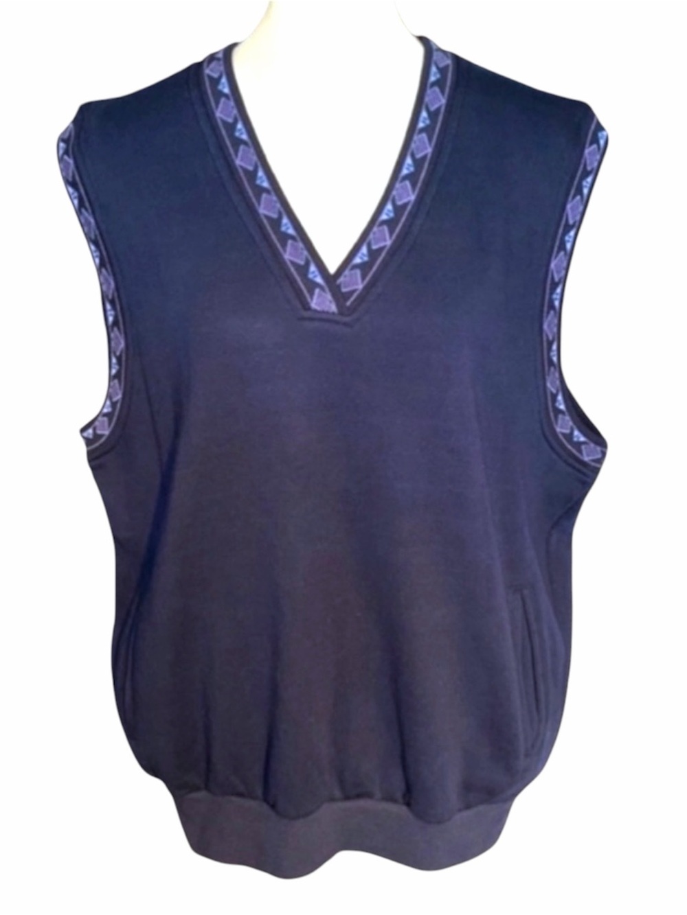 Izod Club V-Neck Pullover Vest Sport Golf Blue Aztec Trim Accent Large EUC